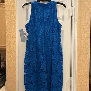 London Times Blue Sheath Midi Dress Mock Neck Sleeveless